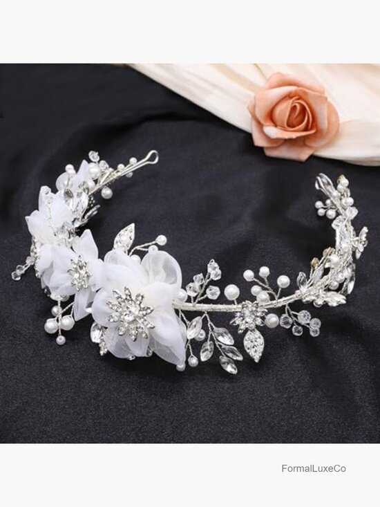 Ivory Tulle Flower Girl Headpiece Wedding Headband Pearl Hair Accessory main image 6